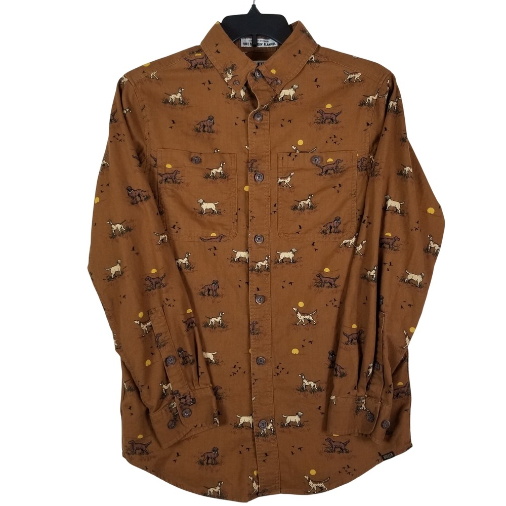 Duluth Trading  Free Swingin Flannel Button Up Shirt Men‎ M Brown Hunting Dog